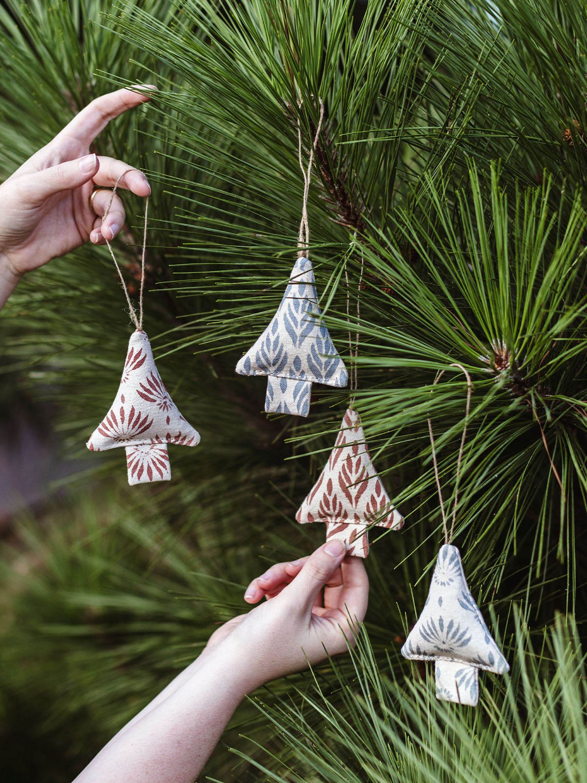 Block Printed Christmas Tree Ornament Set of 4