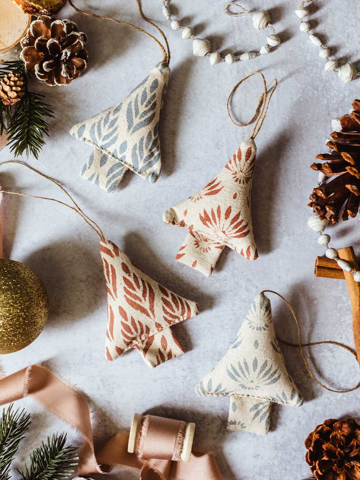 Block Printed Christmas Tree Ornament Set of 4