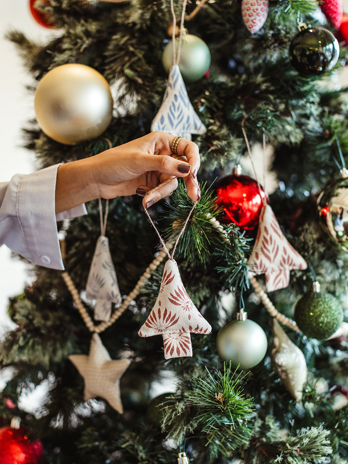 Block Printed Christmas Tree Ornament Set of 4