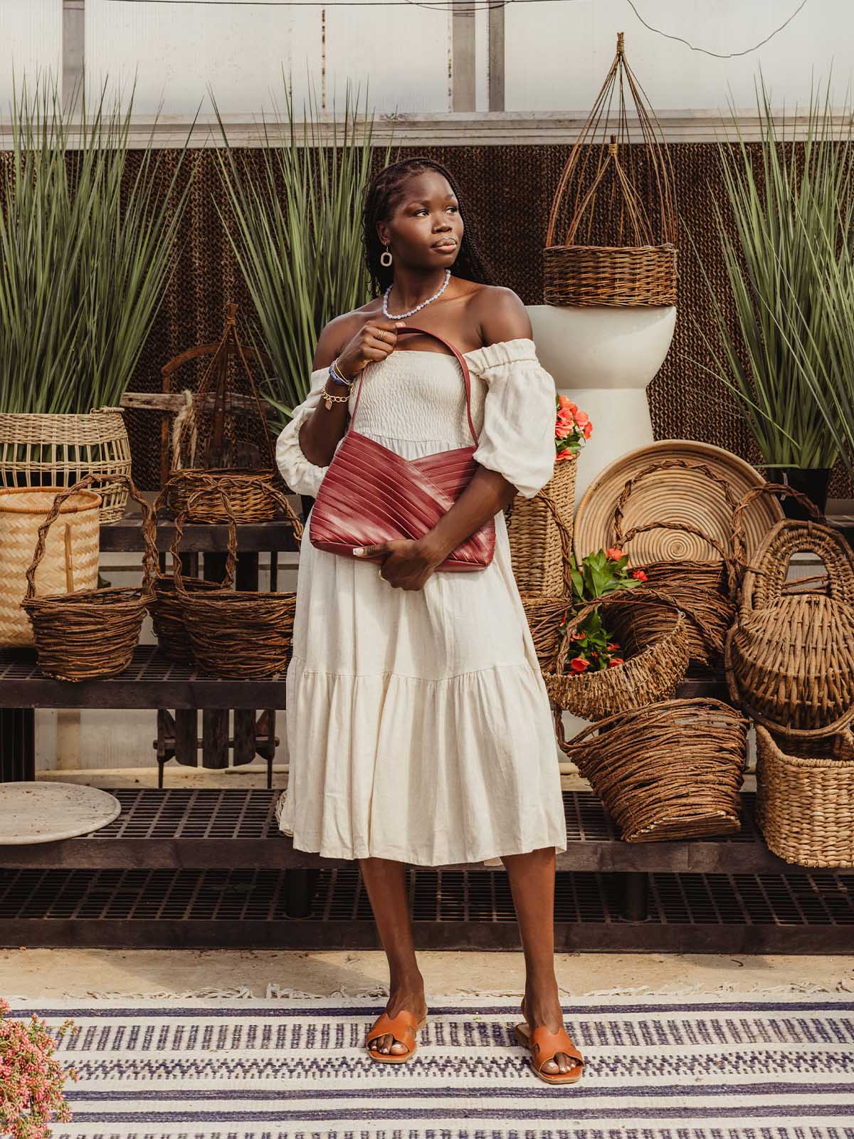 Crisscross Leather Handbag in Cherry