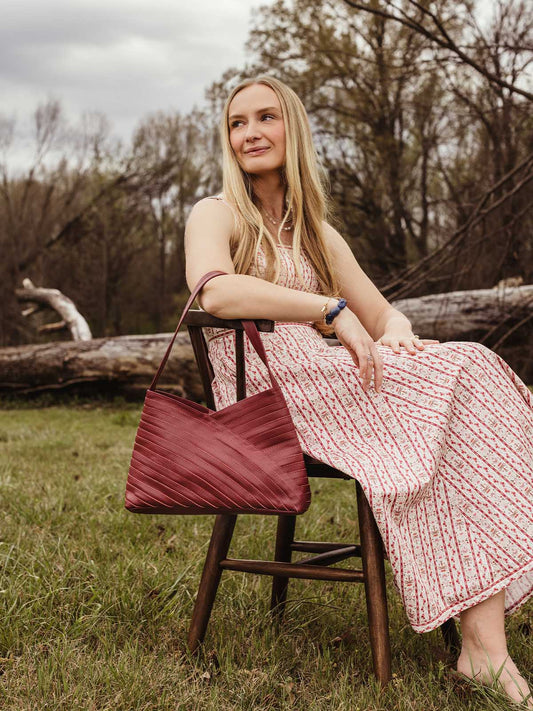 Crisscross Leather Handbag in Cherry