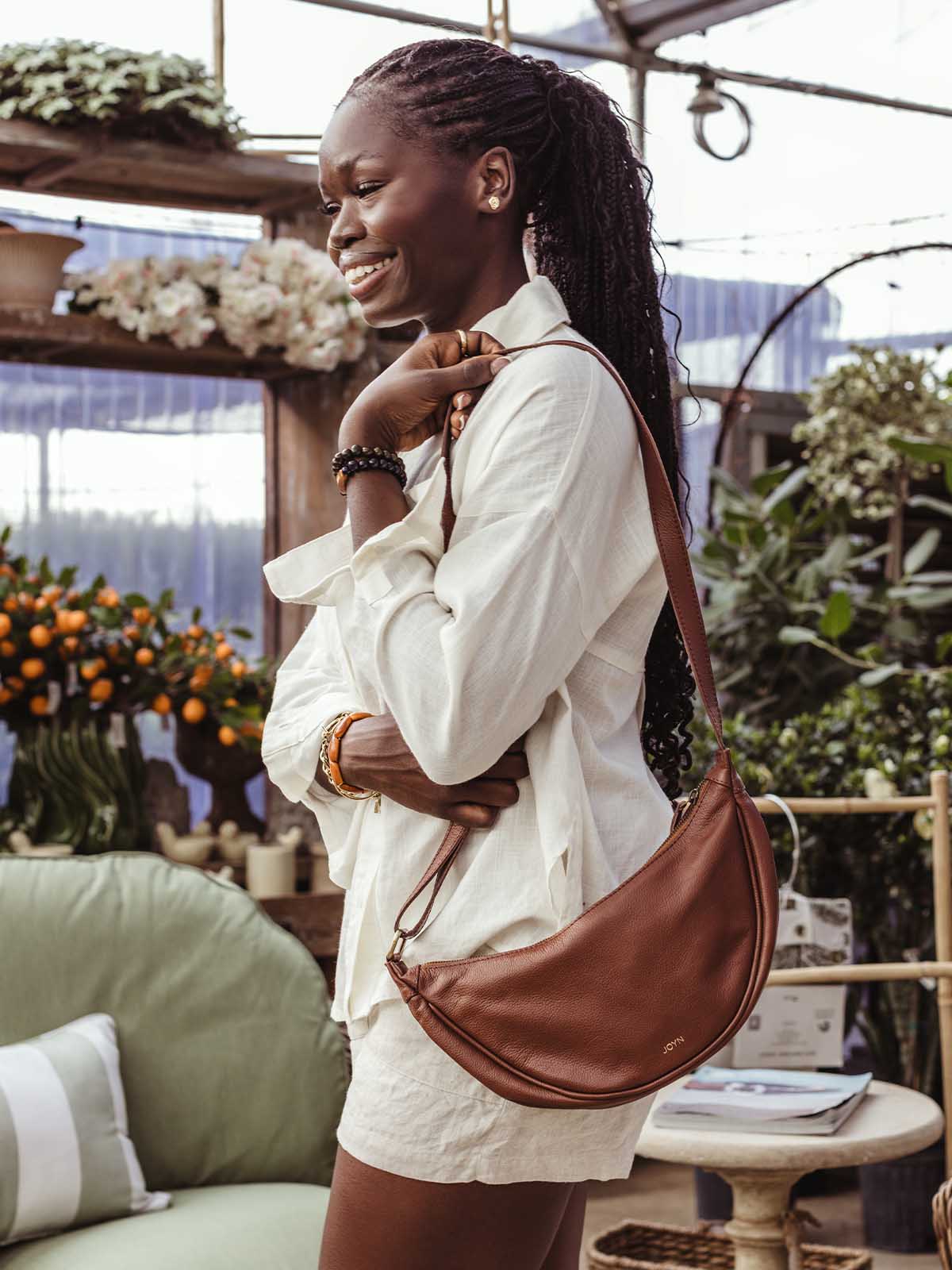 Vintage Brown Leather Moon Sling Bag