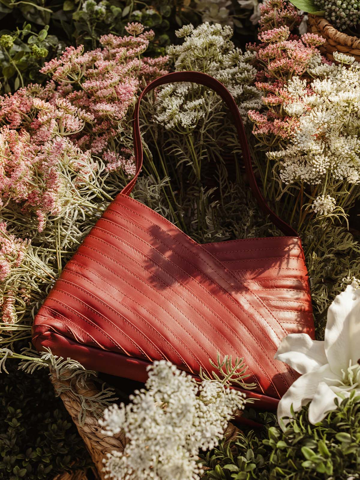 Crisscross Leather Handbag in Cherry