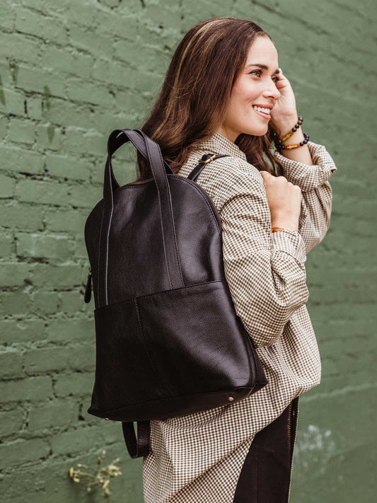 Pebbled Black Leather Half-Moon Backpack