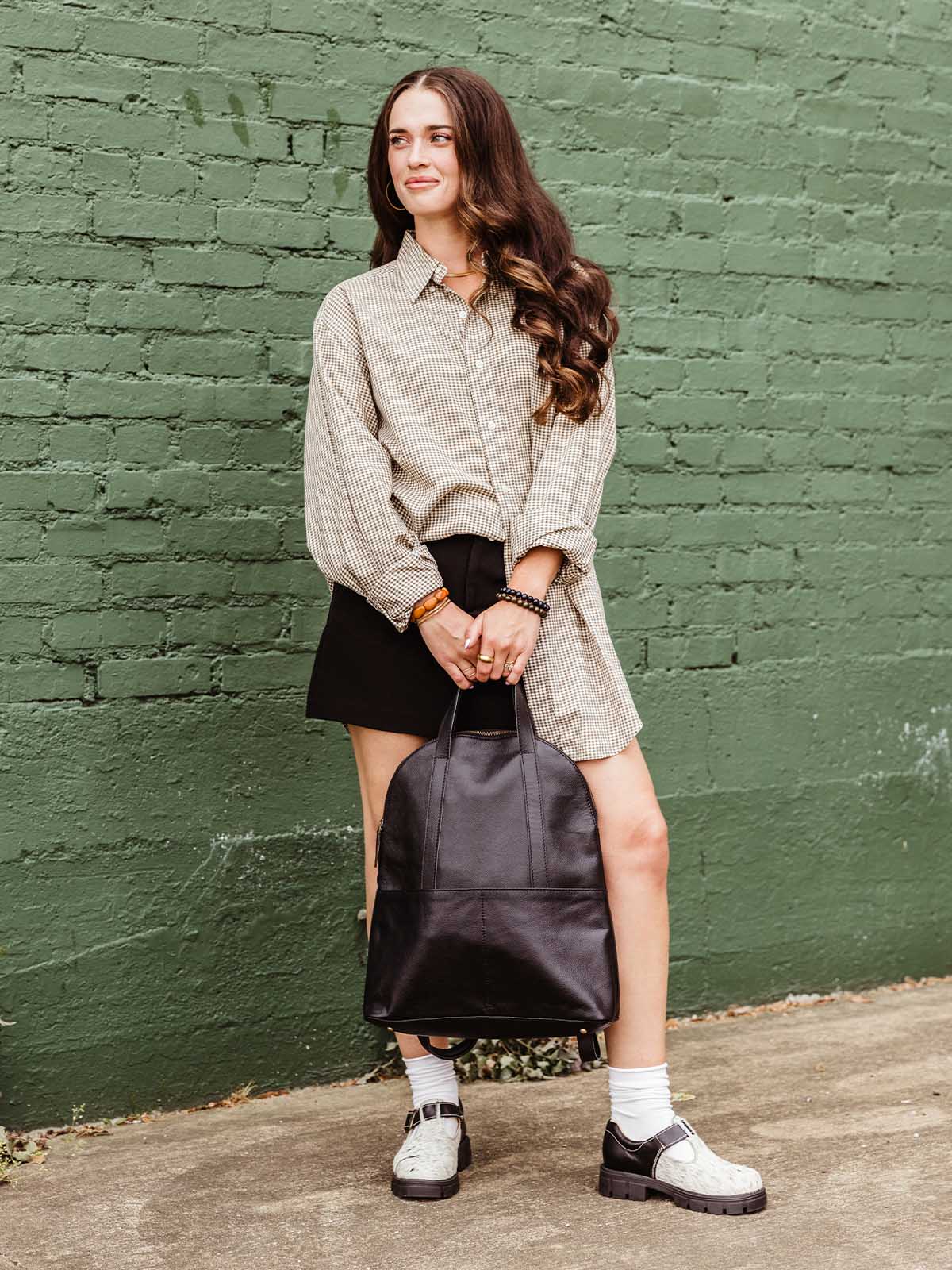 Pebbled Black Leather Half-Moon Backpack