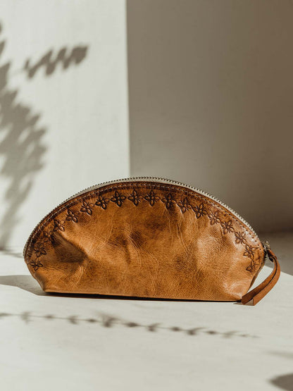 Brown Leather Makeup Bag With Zipper