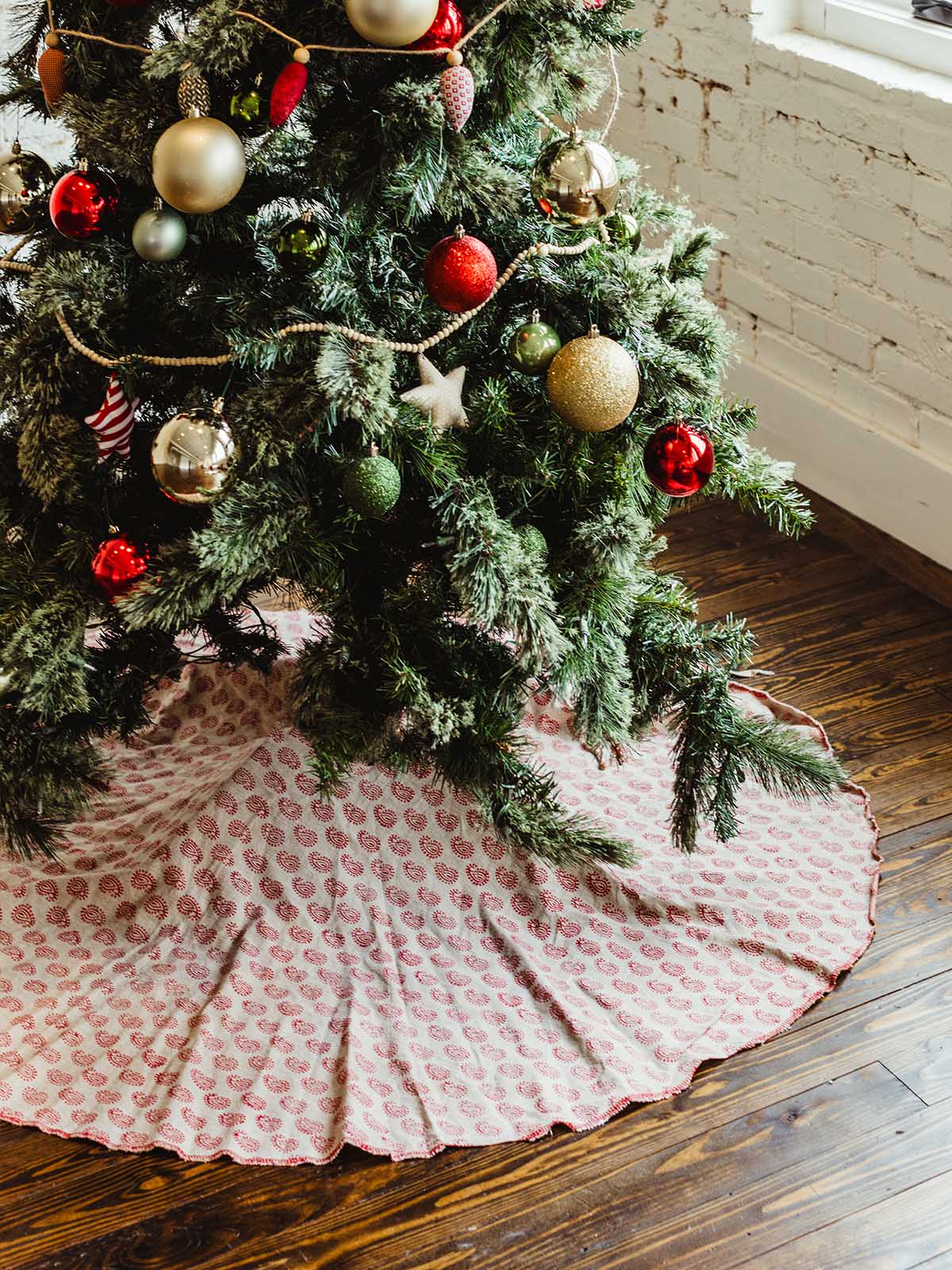 Red and Tan Block Print Cotton Tree Skirt
