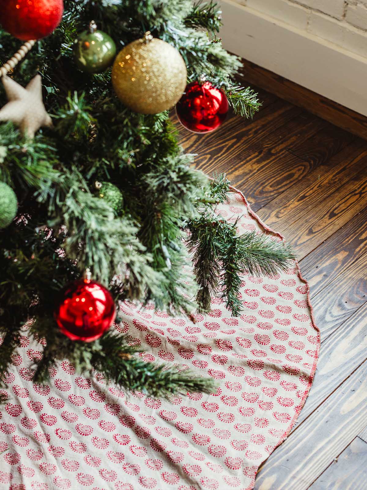 Red and Tan Block Print Cotton Tree Skirt