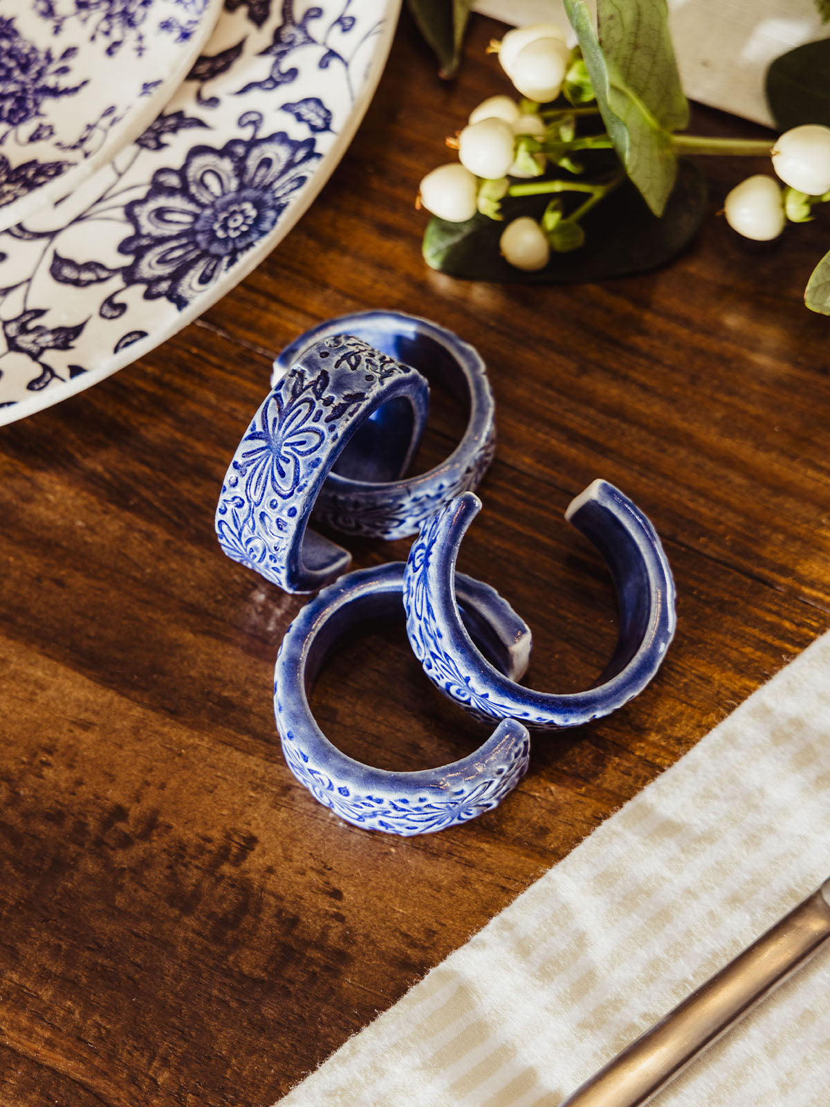 Blue Floral Napkin Rings - Set of 4