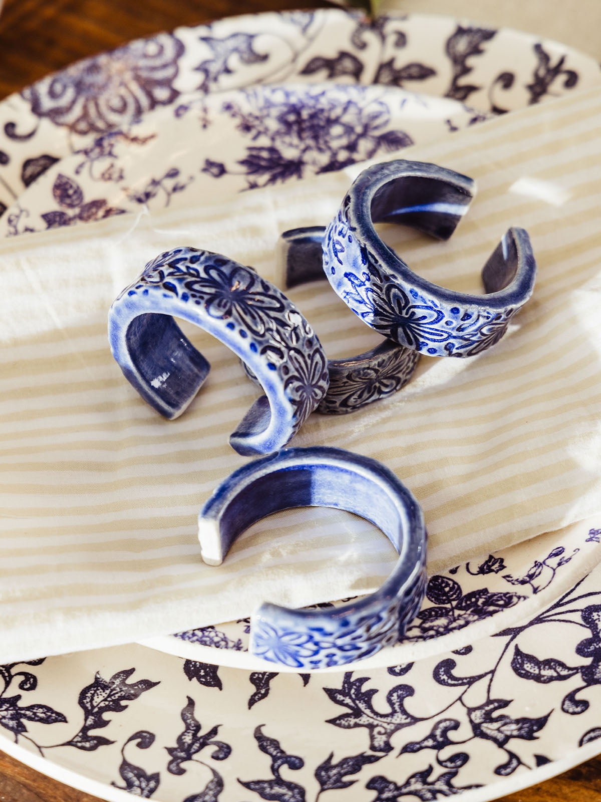 Blue Floral Napkin Rings - Set of 4