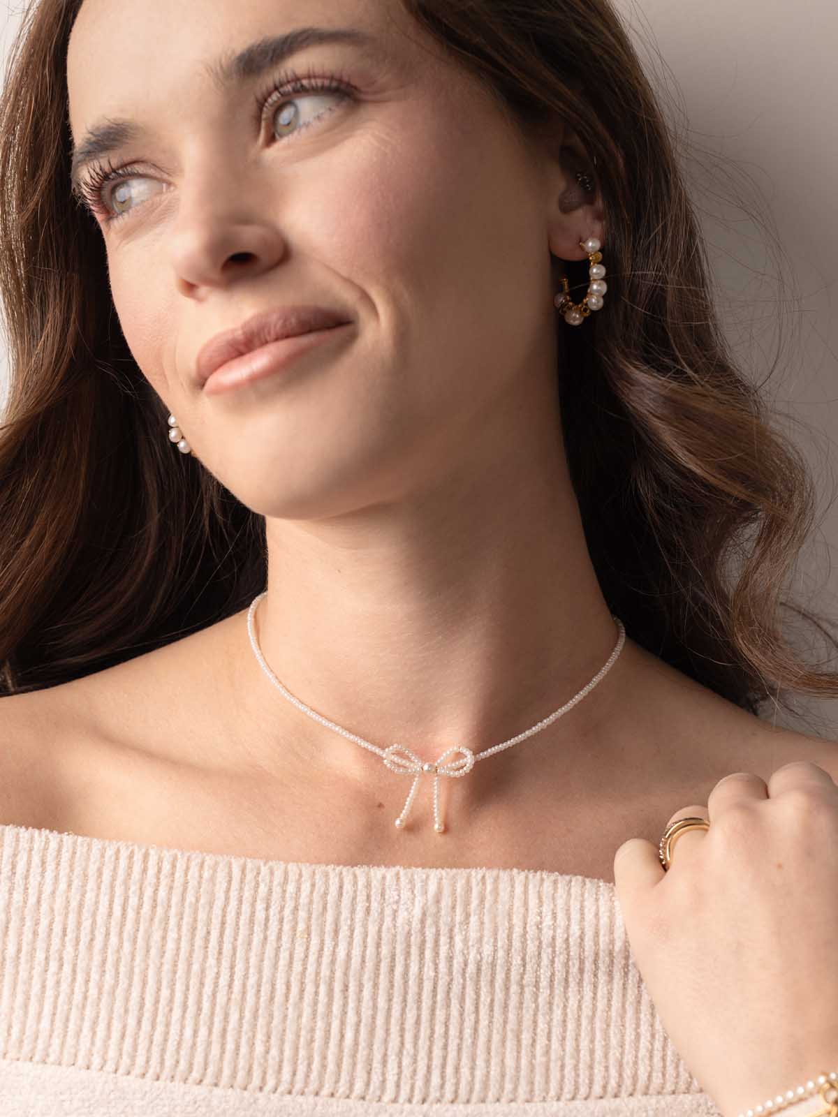 White Beaded Bow Choker Necklace