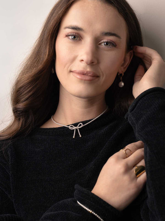 White Beaded Bow Choker Necklace