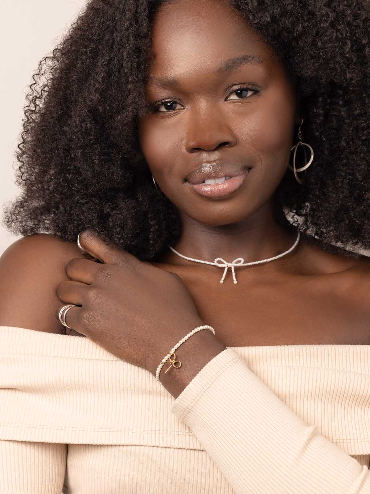 White Beaded Bow Choker Necklace