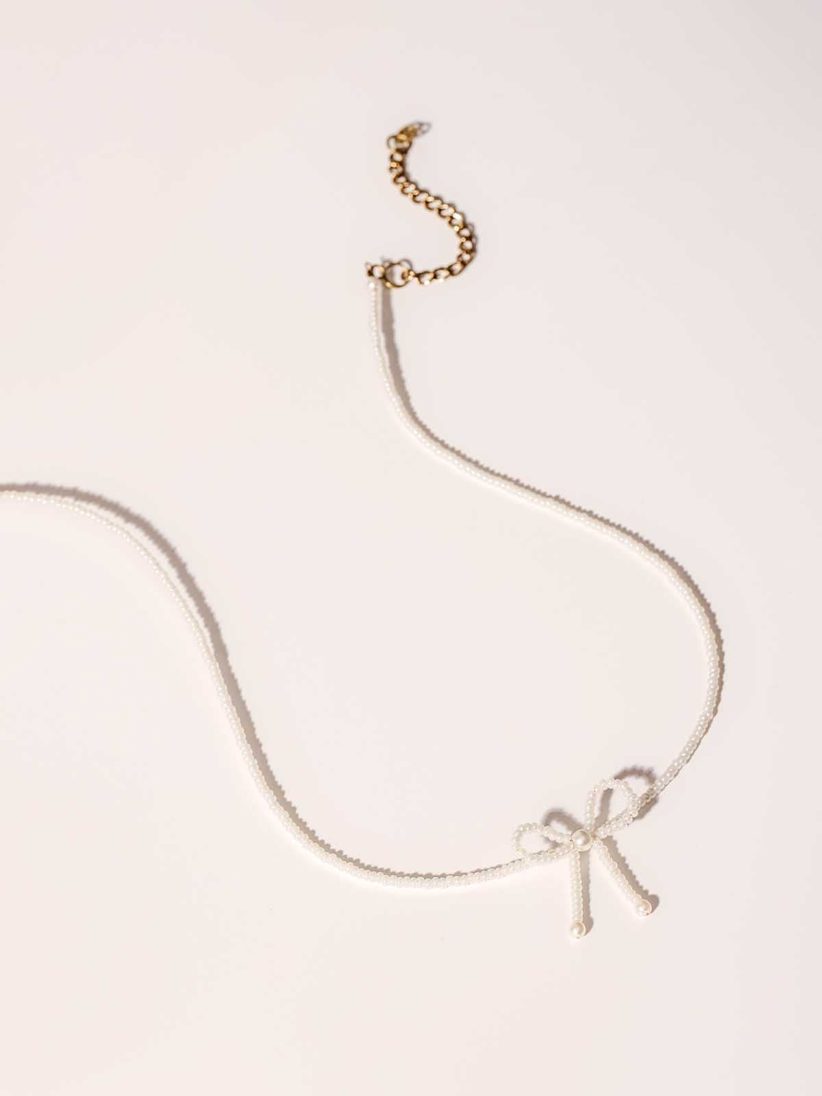 White Beaded Bow Choker Necklace