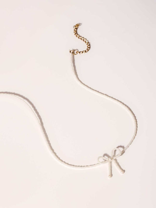 White Beaded Bow Choker Necklace