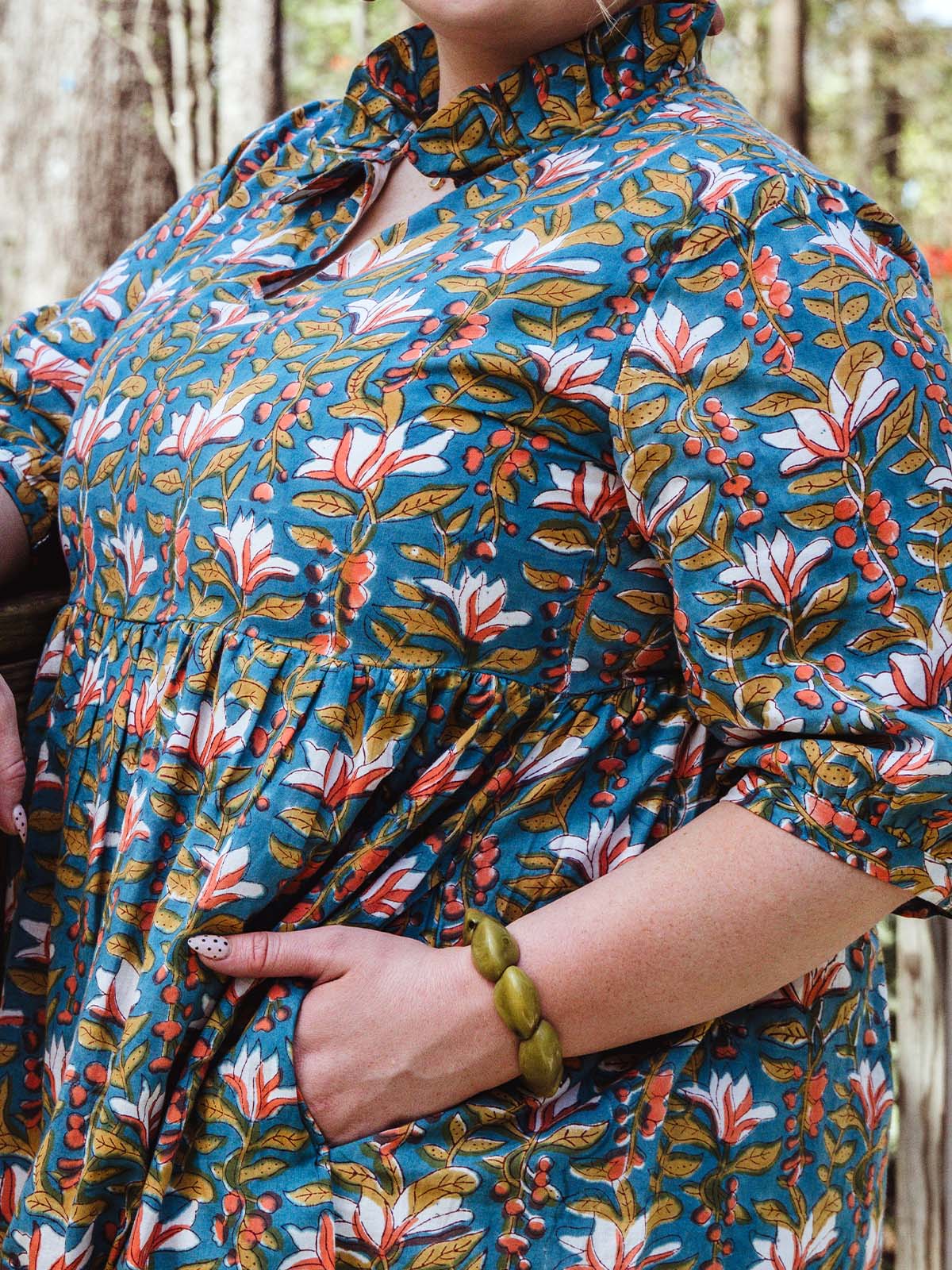 Teal Somerset Block Print Cotton Dress