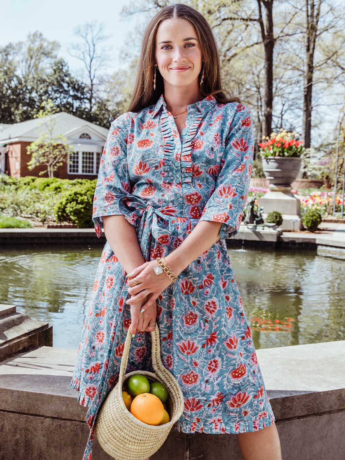 Tangerine Astra Block Print Cotton Dress