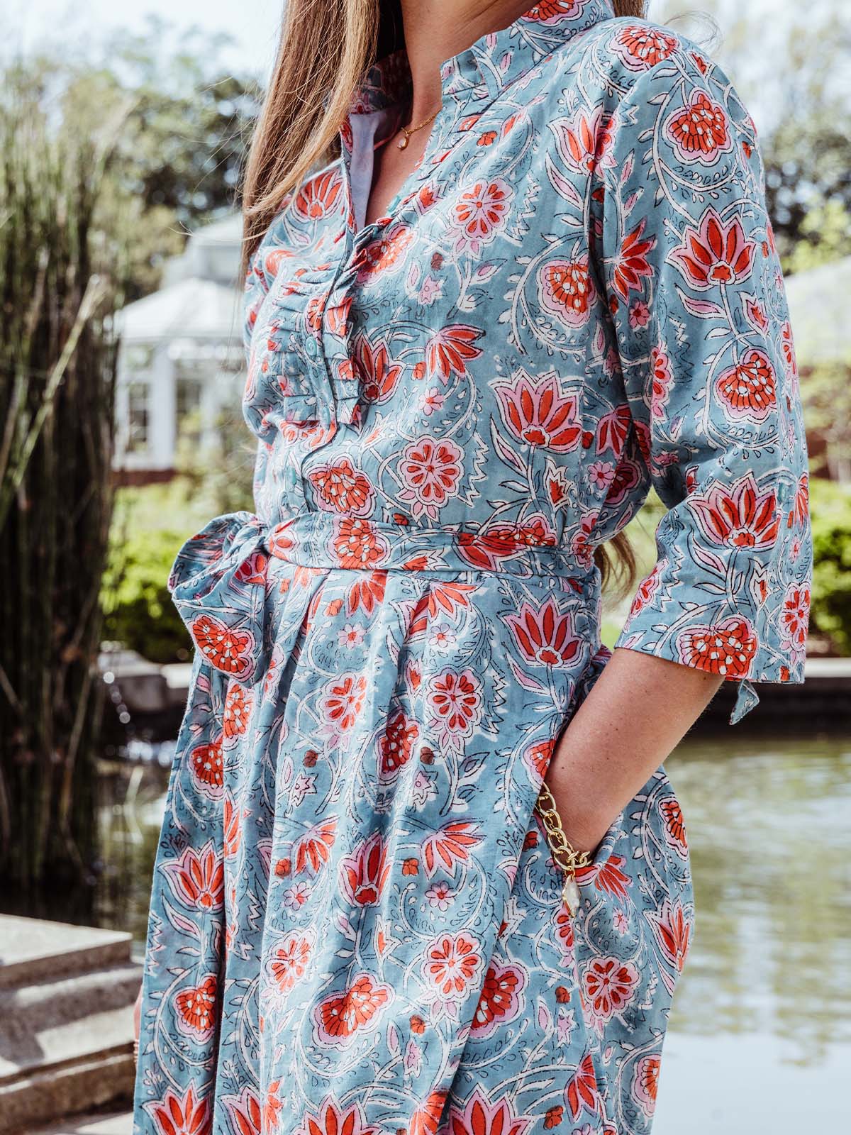 Tangerine Astra Block Print Cotton Dress