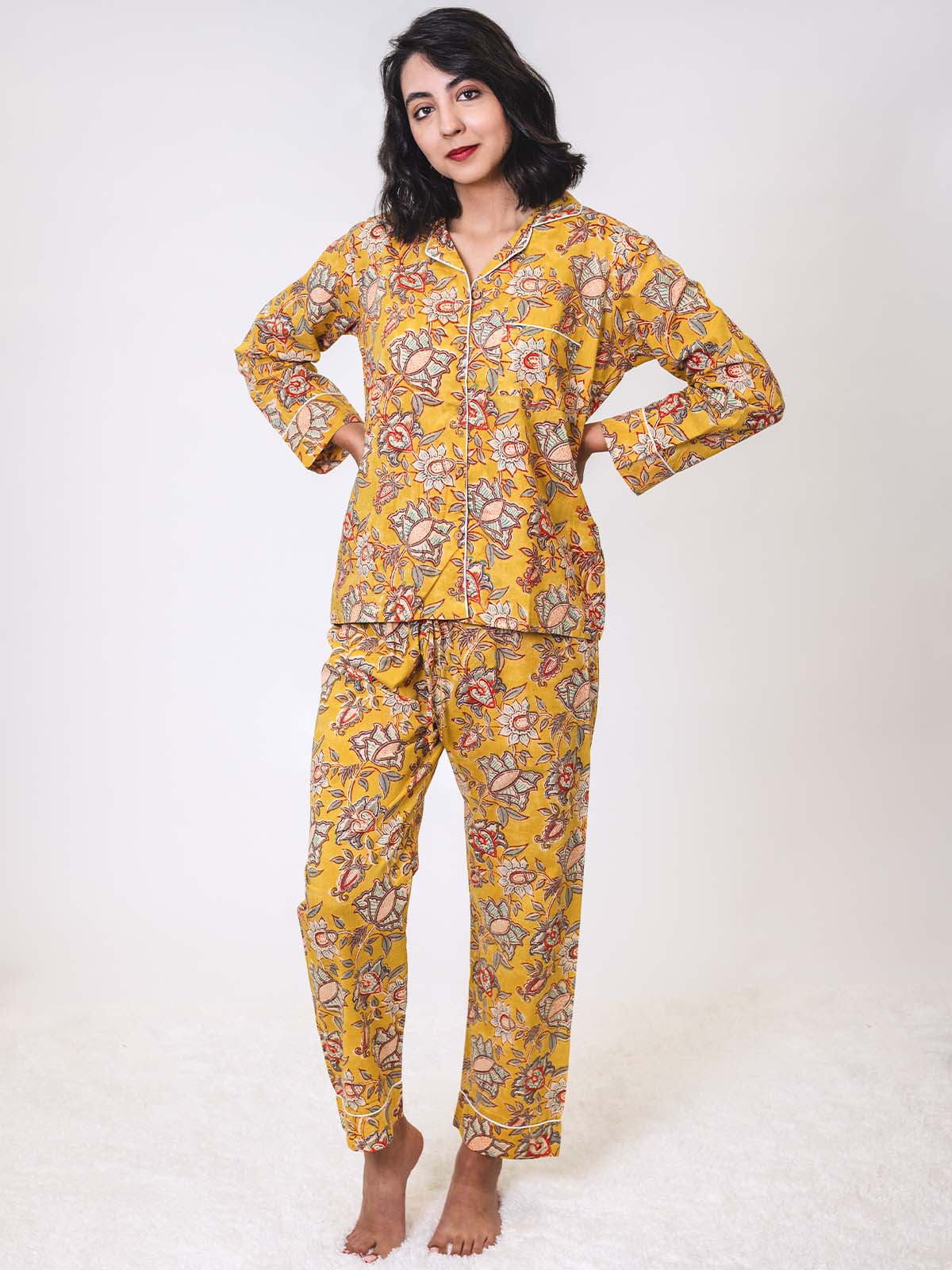 Canary Blooms Block Print Pajama Pants Set