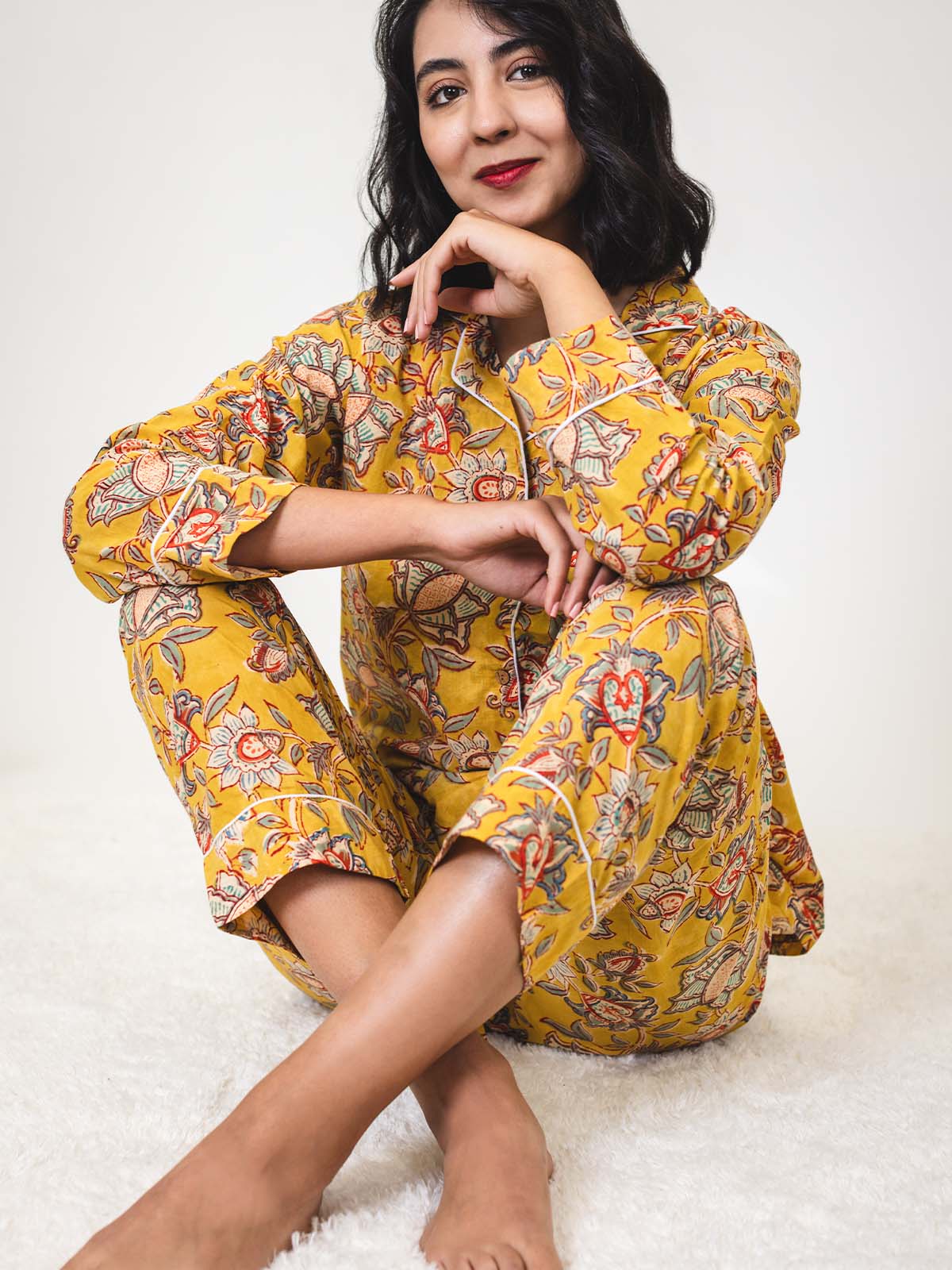 Canary Blooms Block Print Pajama Pants Set