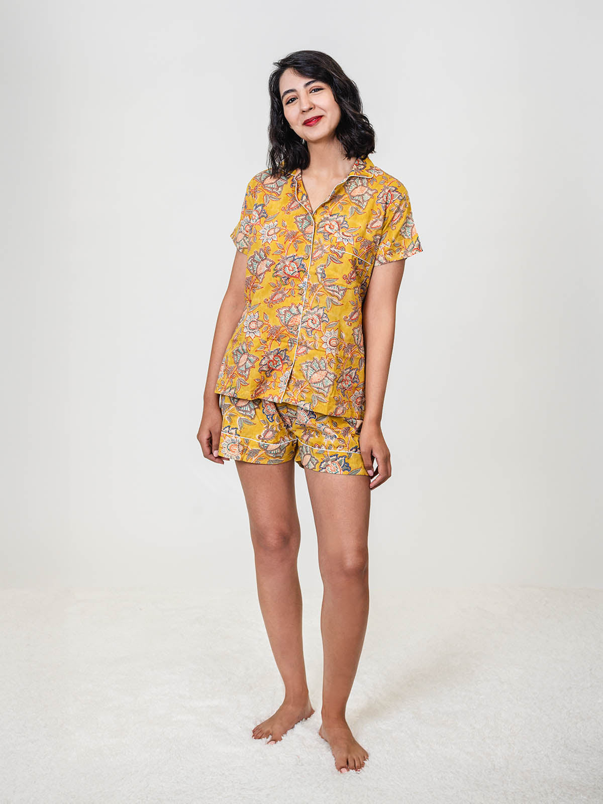 Canary Blooms Block Print Pajama Shorts Set