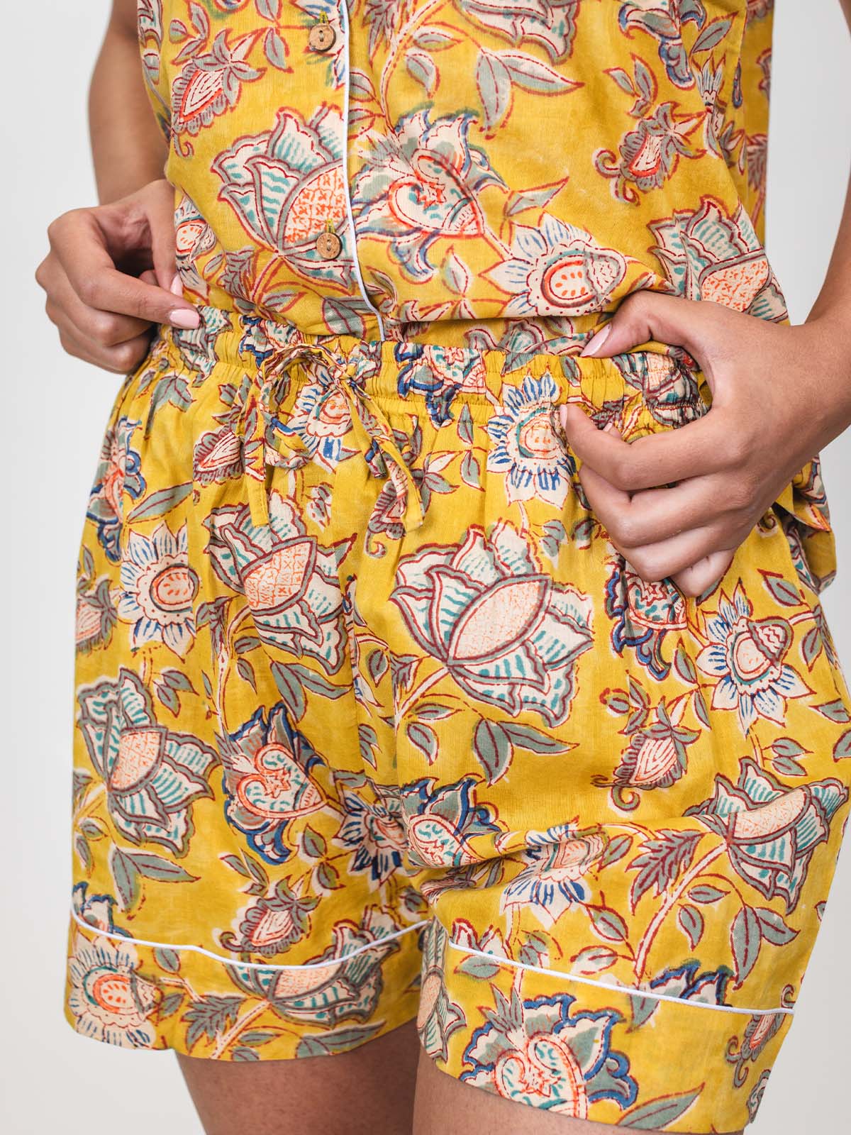 Canary Blooms Block Print Pajama Shorts Set
