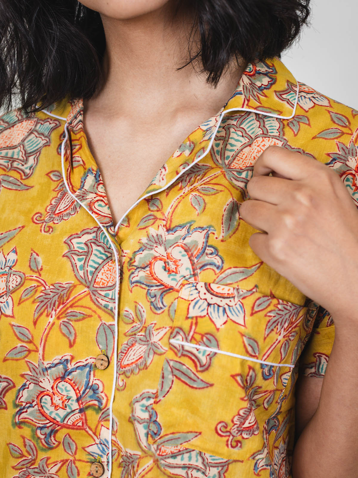 Canary Blooms Block Print Pajama Shorts Set