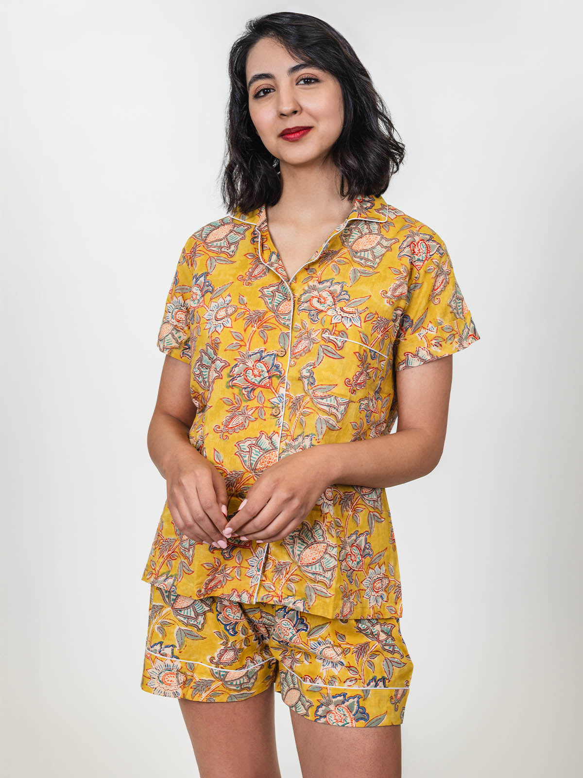 Canary Blooms Block Print Pajama Shorts Set