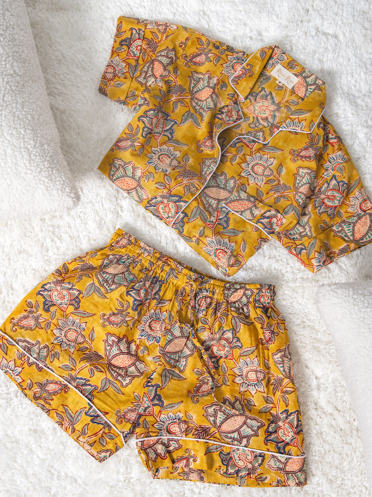 Canary Blooms Block Print Pajama Shorts Set