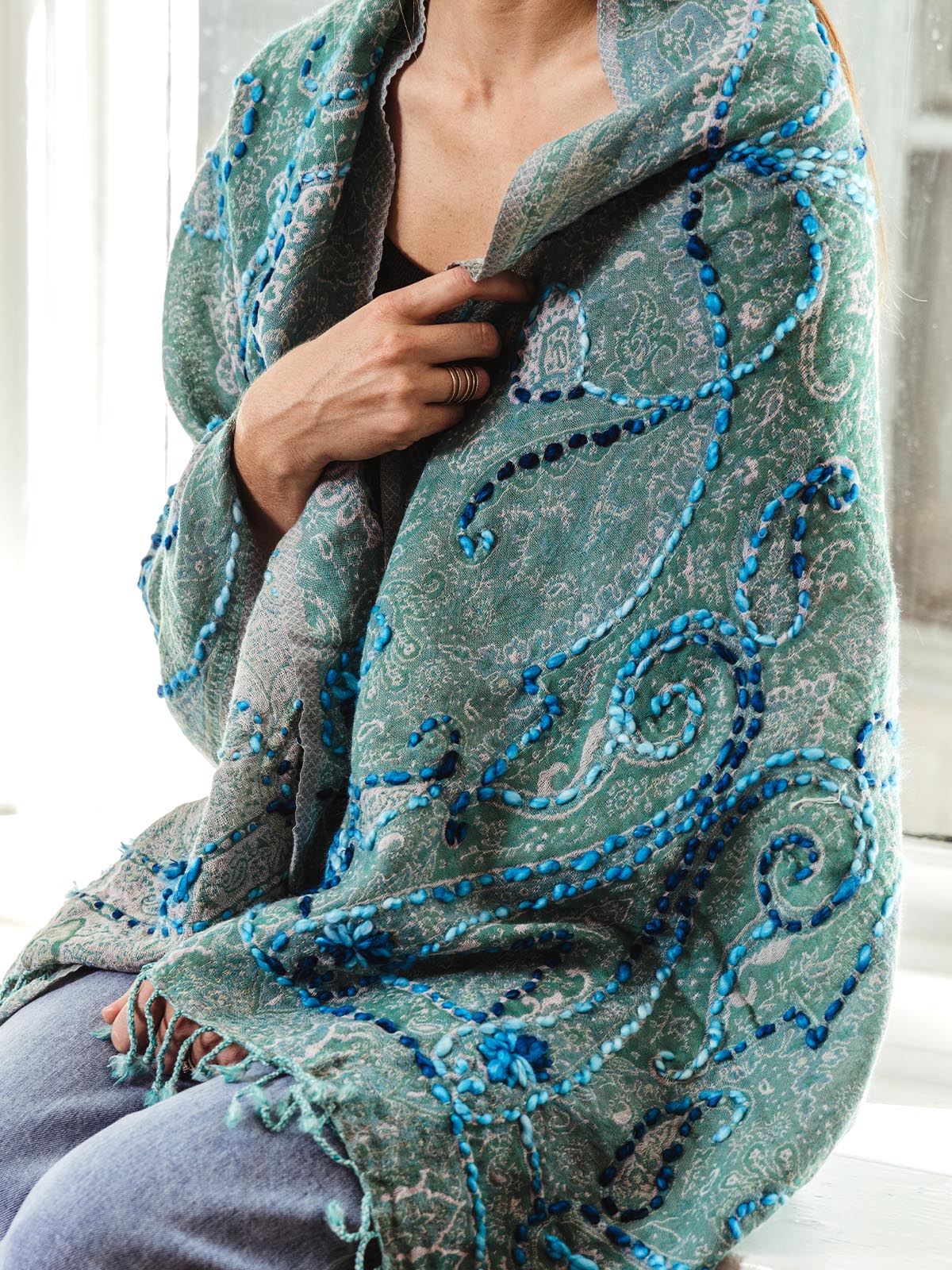 Woven Embroidered Wool Wrap