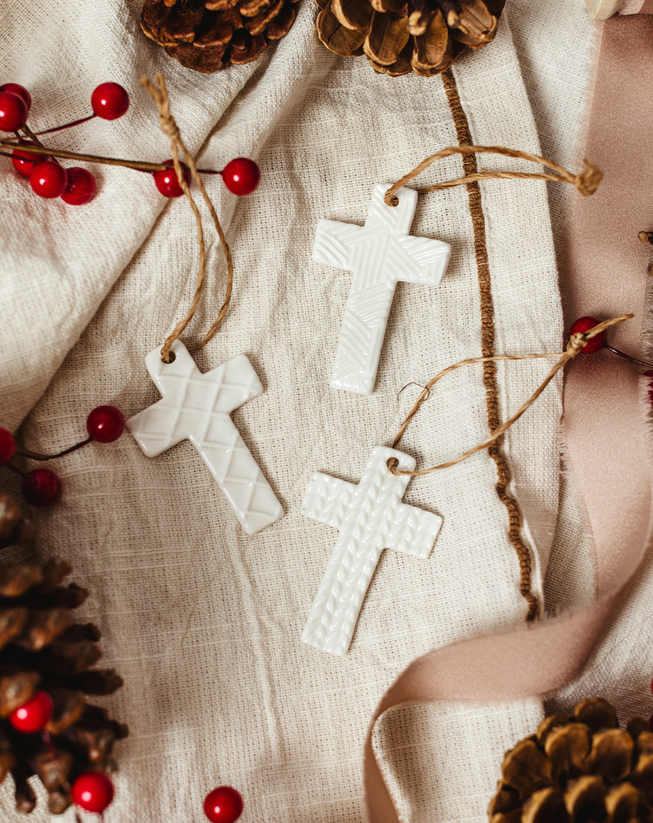 Porcelain Mini Cross Christmas Ornament Set of 3