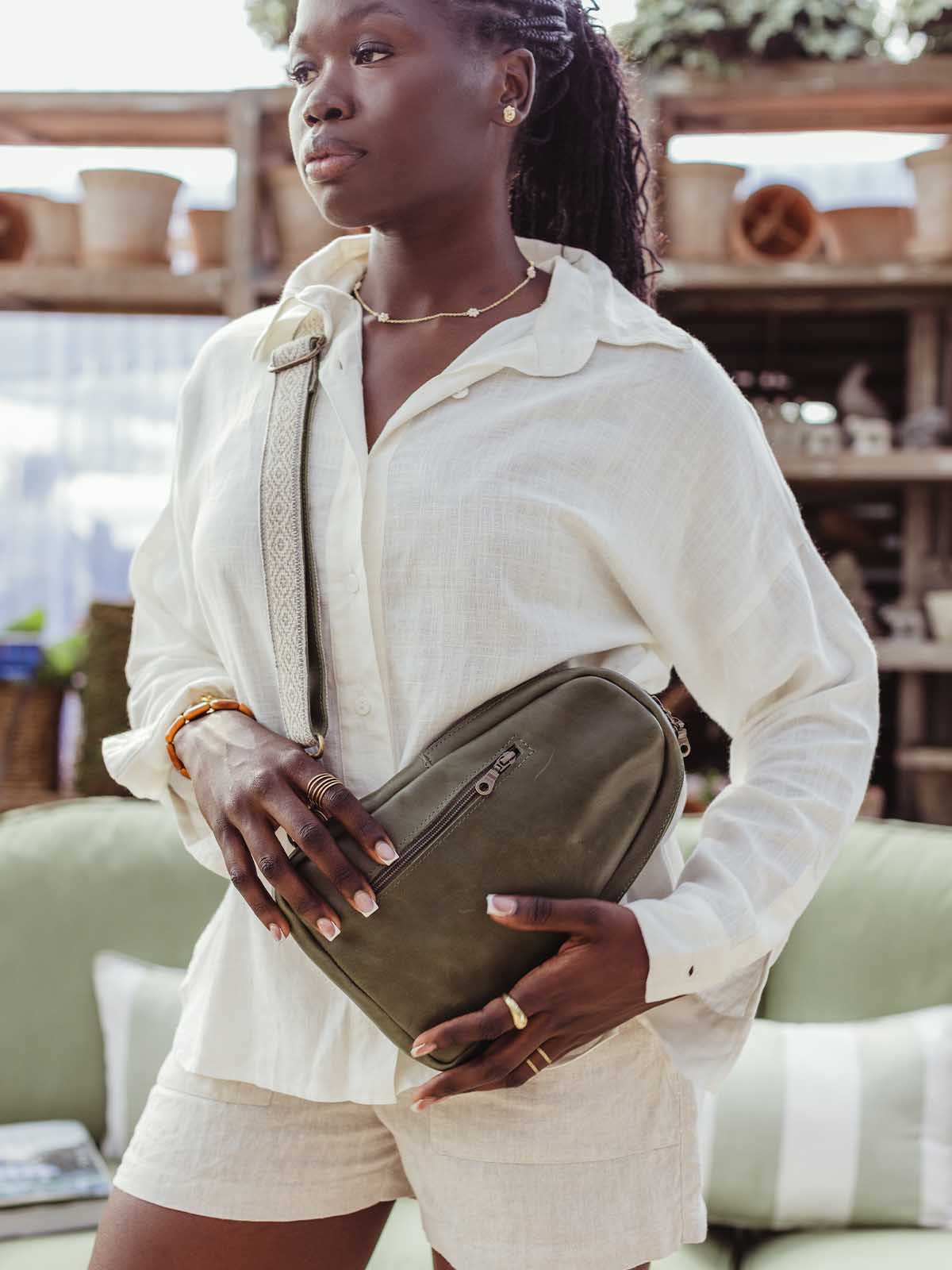 Sling Leather Crossbody Purse in Sage