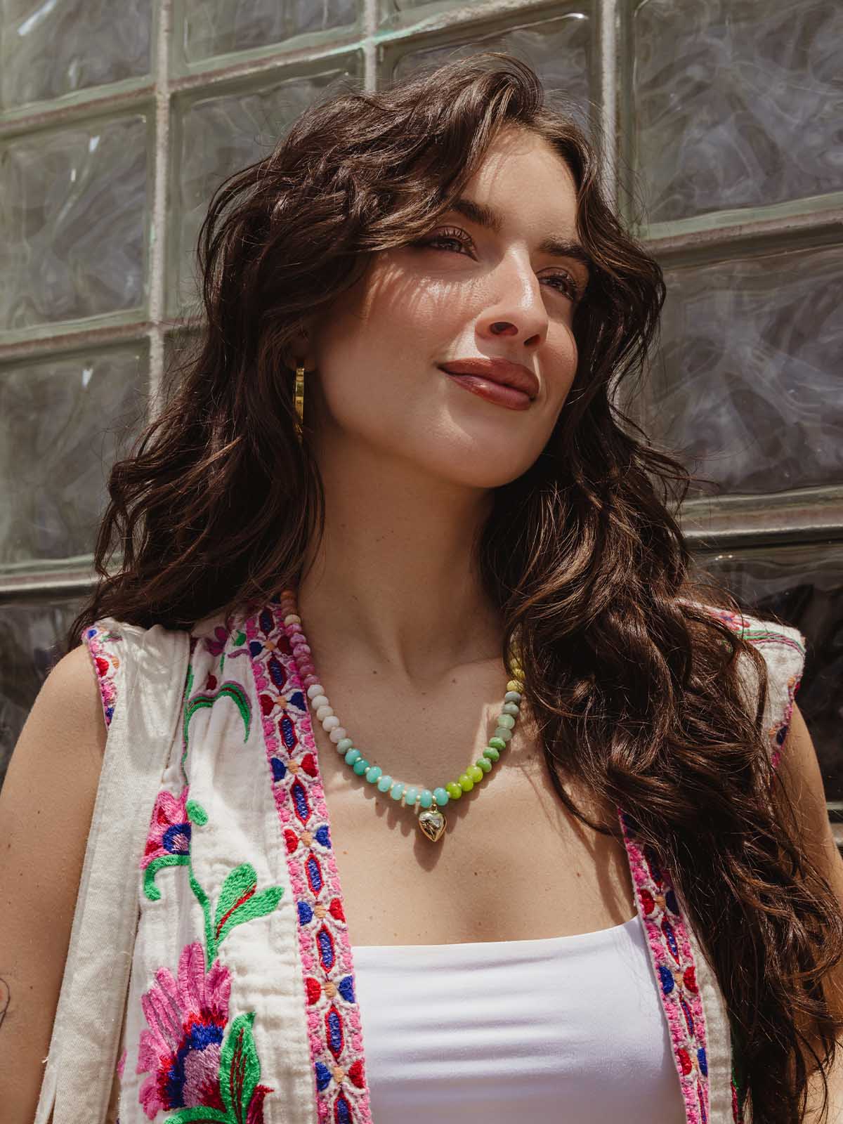 Rosalie Jade Beaded Necklace with Heart Pendant